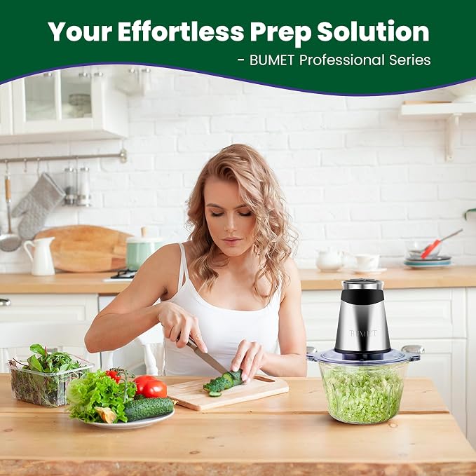 BUMET 500W Meat Grinder 2×8-Cup Bowls 2 Blades Food Chopper | glass+stainless bowl, stainless steel blades for meat/veggies/nuts. easy to clean, ideal for daily kitchen prep.