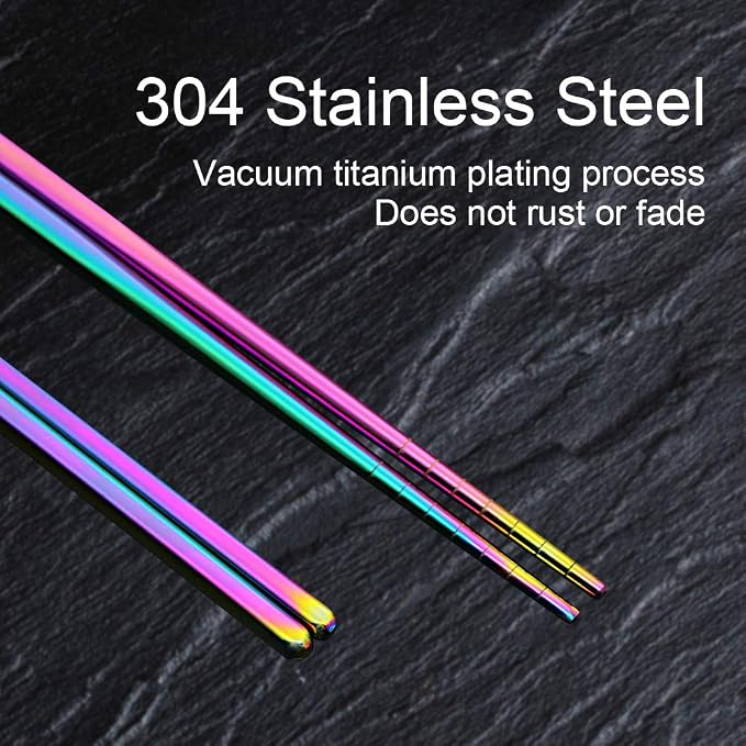 Stainless Steel Chopsticks Reusable Multicolor Lightweight 304 Metal Chopsticks Dishwasher Safe - 5 Pairs (Rainbow)