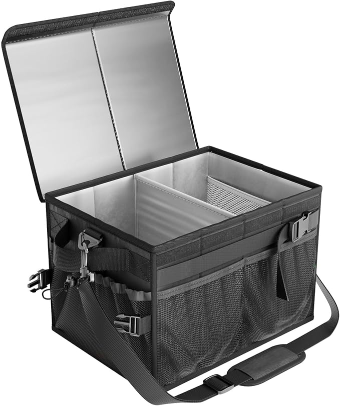 Grill Caddy with Lid, Foldable BBQ Caddy with Paper Towel Holder | 11 Compartments, Easy-Clean Aluminum Interior, 1680D Oxford Fabric, Water-Resistant, Shoulder Strap Included, Tailgating