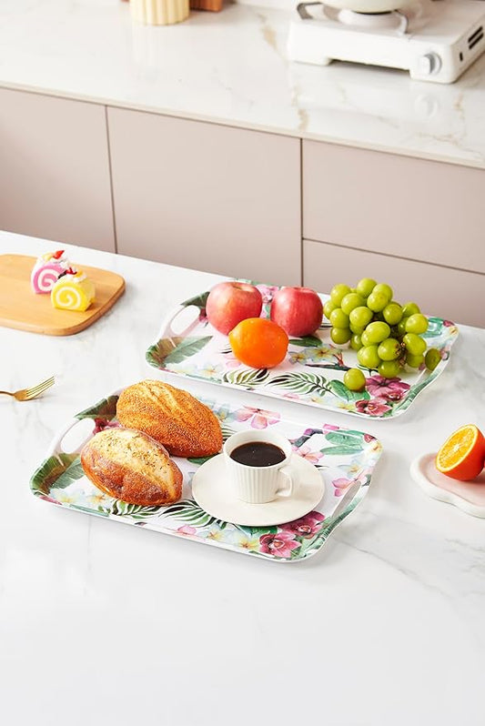Blue Boat 16.5" x 11.5" Rectangular Melamine Serving Tray Set of 2 Blossom, Light Weight Easy to Clean Sturdy Stackable Serving Tray with Handle, Fruit, Snacks, and Desserts Trays, TV Trays
