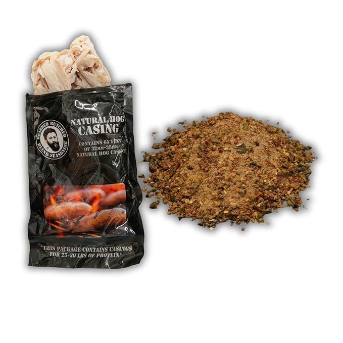 Bearded Butchers Onion & Bell Pepper Bratwurst DIY Kit – Mild Brats with Onion & Bell Pepper Seasoning, Optional Jalapeños & 32mm-35mm Natural Hog Casings – Makes Up to 25 lbs Meat