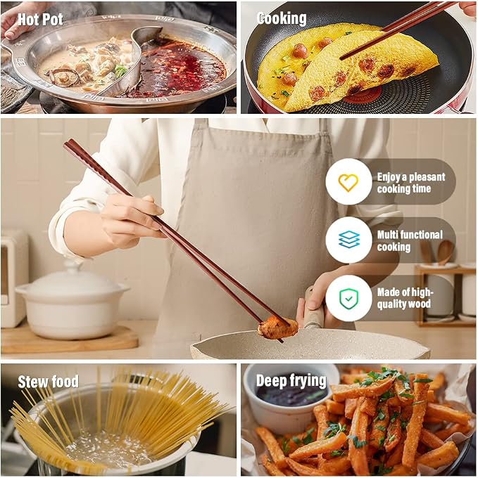 Long Cooking Chopsticks,16.5 Inches Brown Extra Long Wooden Chopsticks Kitchen Frying Chopstick Reusable for Noodles Hotpot, 2 Pairs