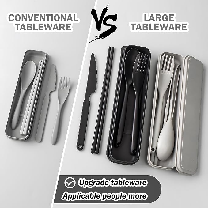 2 Sets Large Reusable Utensils Set with Case, Portable Cutlery Sets | Plastic, Black and Grey, Chopsticks Fork Spoon Knife Set with Lunch Box, For Camping Travel Daily Lunch Use Picnic Outdoor