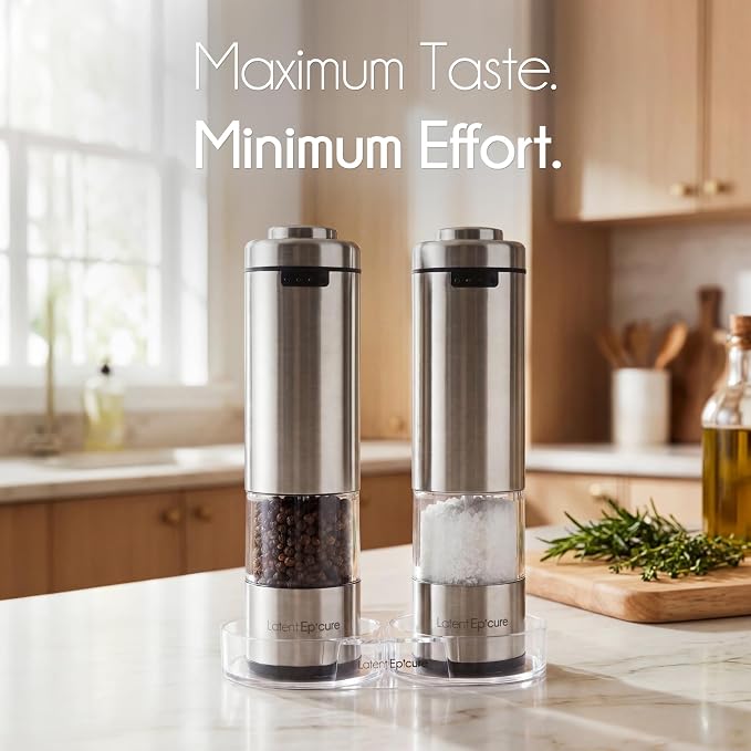Latent Epicure Electric Salt and Pepper Grinder Set, USB-C Rechargeable | Stainless steel mills with LED light, Adjustable ceramic grinders, One-handed use, Rest tray & gift box included