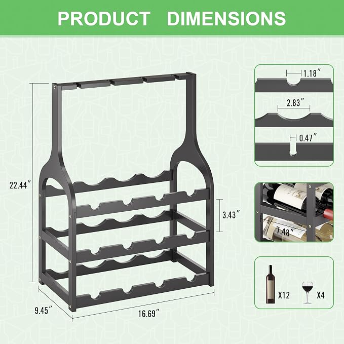 Bamboo Wine Rack Countertop, Small Free Standing Racks Tabletop Display | 12 Wine Bottles and 4 Glass Holder | Wooden Wine Storage Organizer Shelves for Kitchen Bar, Cellar, & Dining Room | Black