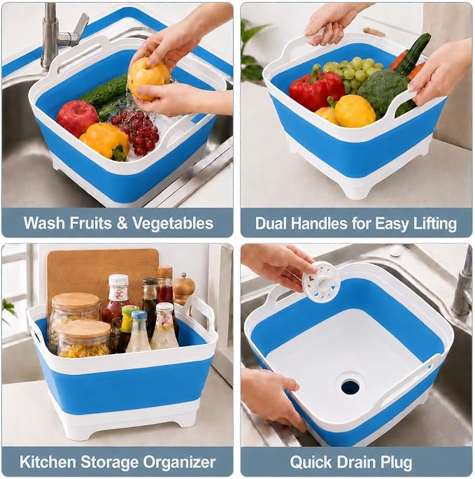 2.4 Gal(9L) Collapsible Dish Basin with Drain Plug, Space Saving Outdoor Multiuse Foldable Sink Tub, Dishpan, Kitchen Storage Tray for Camping, Vegetable Washing, RV (Blue)