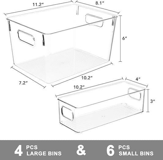 Tiawudi Set of 10 Clear Plastic Storage Bins, 4 Large and 6 Small Stackable Storage Containers for Pantry Organization, Organizer Bins for Home, Kitchen, Bathroom, Office, Cabinet Shelf Organizers