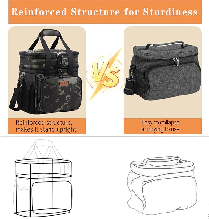 GLENKEY Expandable Lunch Box Cooler Bag - Insulated Soft Lunch Bag for Men Women - Large Lunchbox for Adults Work Camping Outdoor Travel Black Camo 22L