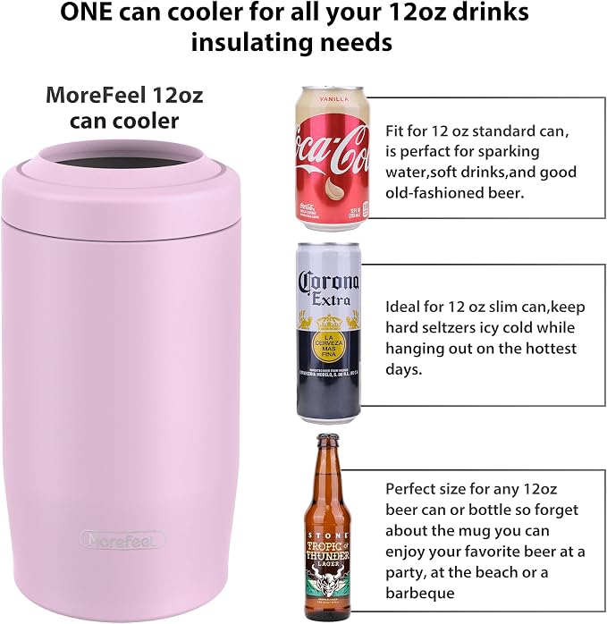 Morefeel 4-in-1 Insulated Can Cooler for 12 oz Cans & Bottles | 304 Stainless Steel Can Holder Fits 12 Oz Slim Cans, Standard Cans, Beer Bottles & Works as A Open Cup; Dishwasher Safe