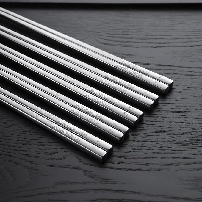 IQCWOOD 18/8 Stainless Steel Chopsticks, 5 Pairs Reusable Metal Chopsticks with Laser Engraved, Dishwasher Safe Non-Slip Square Japanese Korean Style for Cooking Eating, 9 1/4 Inches Gift Set
