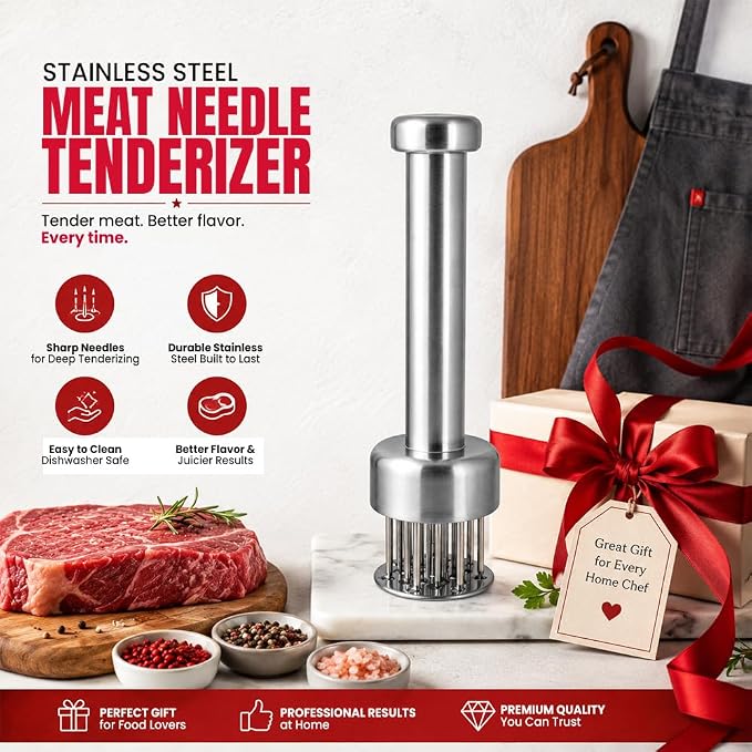 Stainless Steel Meat Tenderizer Tool with 21 Sharp Needles – Blade Tenderizer for Chicken, Beef, Steak – Heavy Duty Meat Pounder Hammer, Easy Grip Kitchen Gadget for Cooking & Chef Tools