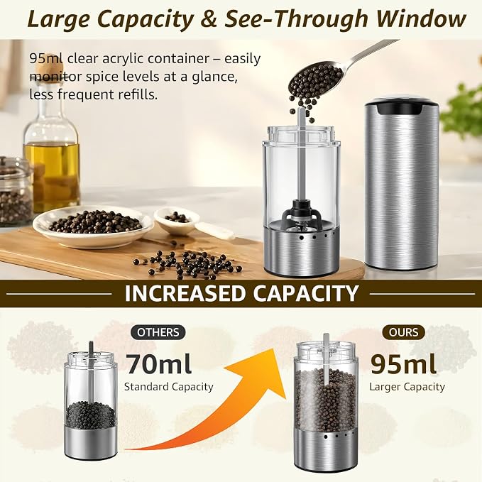 Electric Salt and Pepper Grinder Set Type-C Fast Charging, Automatic Salt and Pepper Shakers Adjustable Coarseness, Stainless Steel Rechargeable Salt and Pepper Grinder with LED Light
