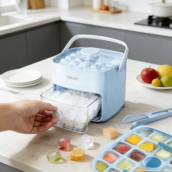 Ice Cube Tray for Freezer with Lid and Bin, Press Type Small Ice Cube Maker 48PCS with Storage Box Tongs, Stackable BPA-Free Silicone Ice Cube Trays for Small Freezer RV Coffee Cocktail Blue