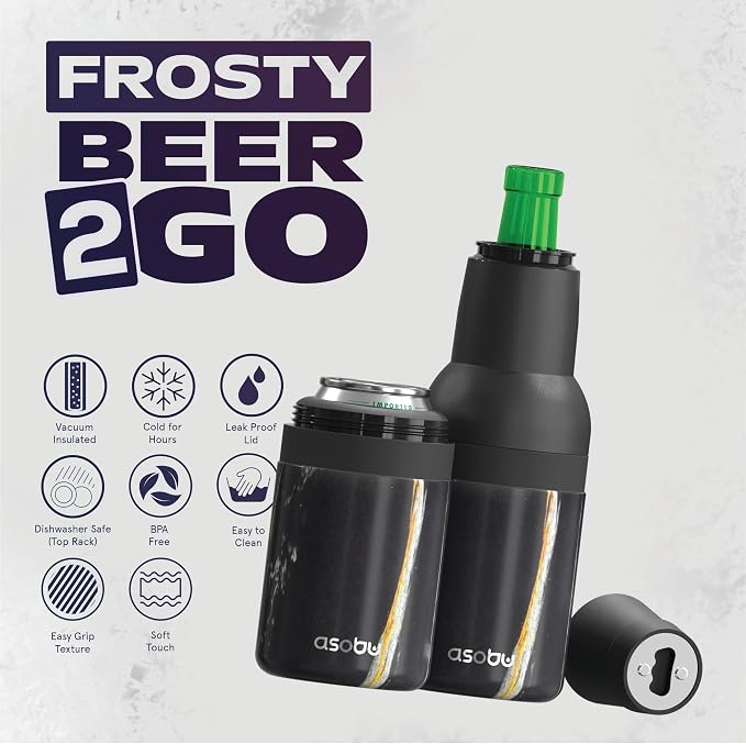 Asobu Frosty Beer Holder 2 Go Vacuum Insulated Double Walled Stainless Steel Beer Can and Bottle Cooler with Beer Opener, Bpa Free, Fits Standard 12oz Bottles, Gift for Beer Lovers (Midnight Marble)