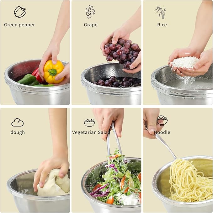 Paoli 304 Stainless Steel Fine Mesh Colander Set, 2.5QT Large Capacity Strainer with Mixing Bowl — Rinse Fruits, Veggies, Rice & Drain Pasta, Dishwasher Safe (2-Piece)