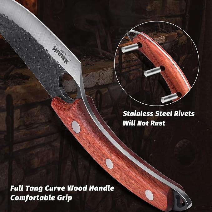 Huusk Hand Forged Viking Knife with Sheath for Kitchen Camping BBQ | Japanese Butcher Knife for Meat Cutting, High Carbon Steel Chef Knives with Ergonomic Wood Handle, Gifts for Men