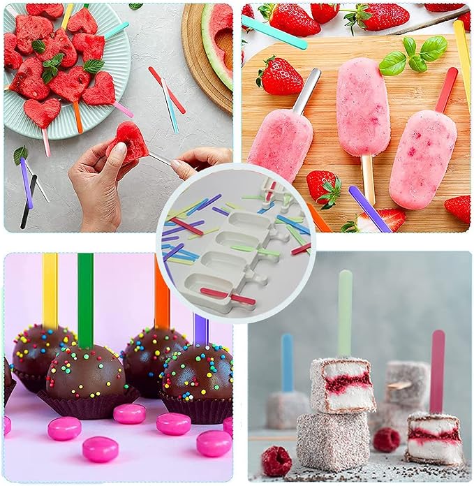 ELANE 4 Pcs Ice Popsicle Molds, Silicone, Cylinder Shaped, White, Ice Pop Molds with 25 Colored Popsicle Sticks