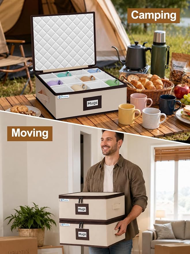 punemi Mug Storage Organizer, 2-Pack Hard Shell Boxes for Packing & Moving | Padded dividers, stackable design and carry handles for coffee mugs, tea cups and china storage, beige