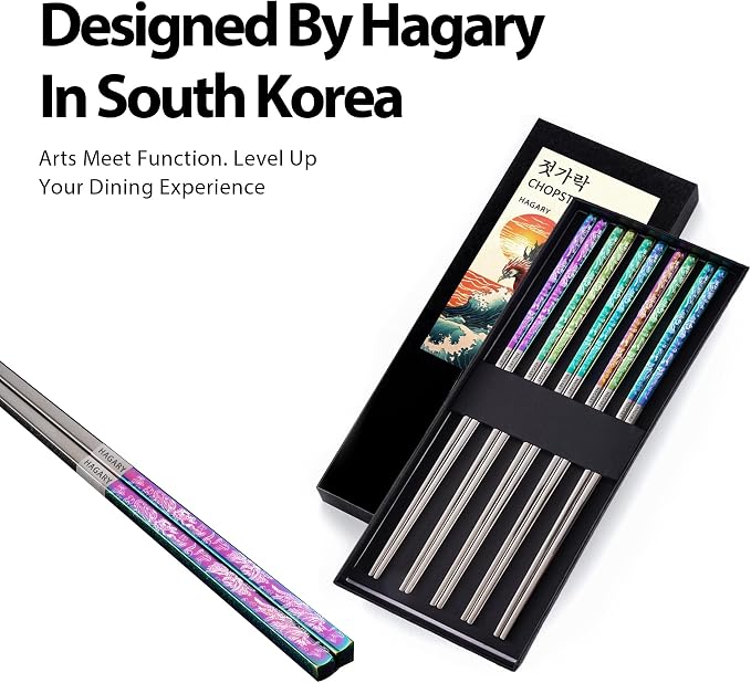 Phoenix Chopsticks Metal Reusable Designed In Korea Japanese Style Stainless Steel 316 18/10 Non-Slip Dishwasher Safe Laser Etched (Rainbow - 5 Pairs)