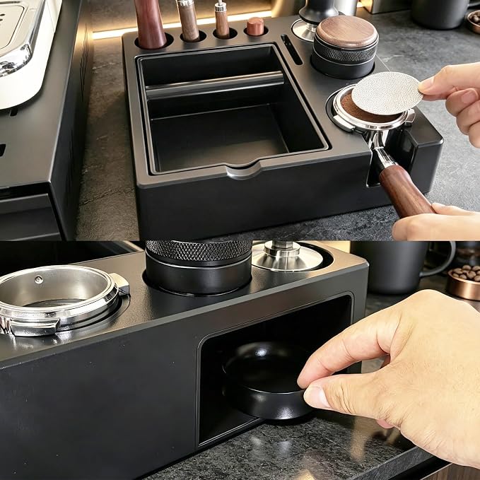 Espresso tamping station knock box,tamper station,Espresso station fit for storage 51-58mm tamper,distributor,portafilter,puck screen accessories,9 in 1 espresso knock box and tamper station