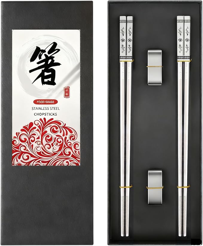 Metal Chopsticks Reusable 2 Pairs: Stainless Steel Chopstick with Two Holders Set ,Dishwasher Safe,Non-Slip,Gift Box Packaging,Laser Engraved,Japanese Chinese Korean Chop Sticks for Cooking Eating