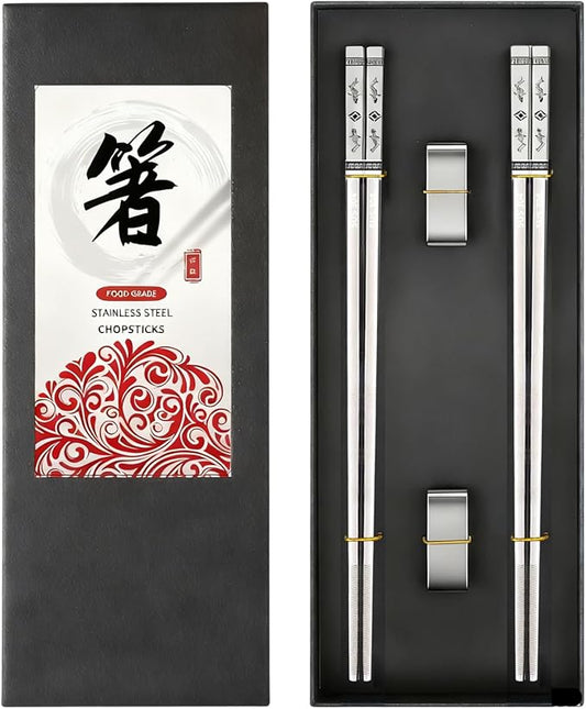 Metal Chopsticks Reusable 2 Pairs: Stainless Steel Chopstick with Two Holders Set ,Dishwasher Safe,Non-Slip,Gift Box Packaging,Laser Engraved,Japanese Chinese Korean Chop Sticks for Cooking Eating
