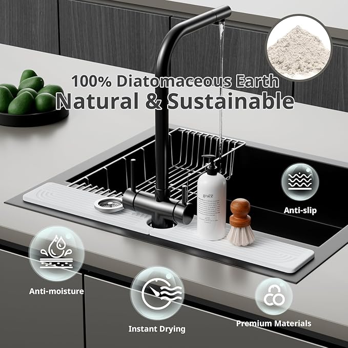 Faucet Mat for Kitchen Sink, Diatomite Sink Splash Guard, Quick Dry Stone Sink Tray, Non-Slip Water Absorbing Mat for Kitchen & Bathroom Counter, 23.6" x 3.9"