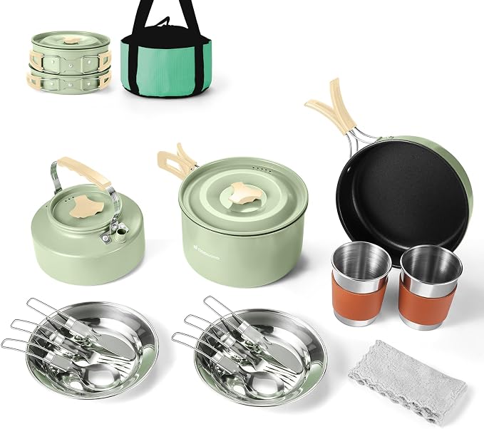 Odoland 15pcs Camping Cookware Mess Kit, 1.9L Pot, for Camping, Backpacking | Anodized aluminum, for hiking, outdoor cooking and picnic, 1.9L pot 0.8L kettle 0.86L pan mess kit, little compact pot set