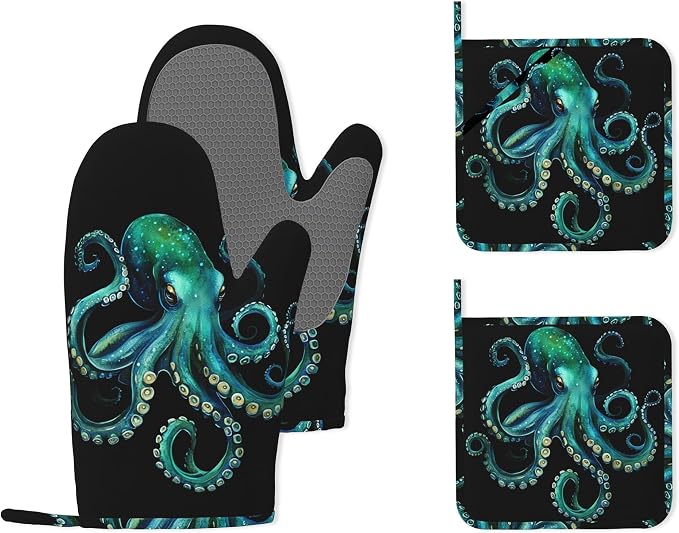 Octopus Silicone Oven Mitts and Pot Holders,Heat-Resistant 4 Piece Kitchen Set Non-Slip Oven Gloves and Hot Pads for Cooking, Baking, Grilling,BBQ
