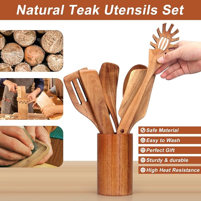 9 Pcs Wooden Kitchen Utensils Set with Holder Cooking Spoons Wood Spatula | Acacia Wood Spoons for Cooking Utensils Teak Flat Spatula Spurtles Large Mixing Serving Spaghetti Spoon Slotted Turner