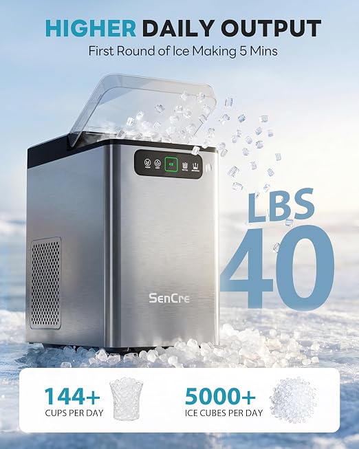 Nugget Ice Maker Countertop, Pellet Ice Machine Soft Chewable Ice 40lbs/Day, One-Click Operation, Auto Self-Cleaning Crushed Ice Makers Stainless with Scoop for Home/Kitchen/Office (Grey)