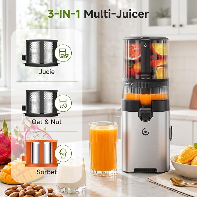 AMZCHEF Cold Press Juicer, 6.5" Whole Fruit Self-Feeding Slow Juicer | 3-in-1 Juicer Machine for Juice, Nut Milk & Sorbet, 90oz Large Capacity, Easy to Clean Design, Triple Strainers, Large Auger