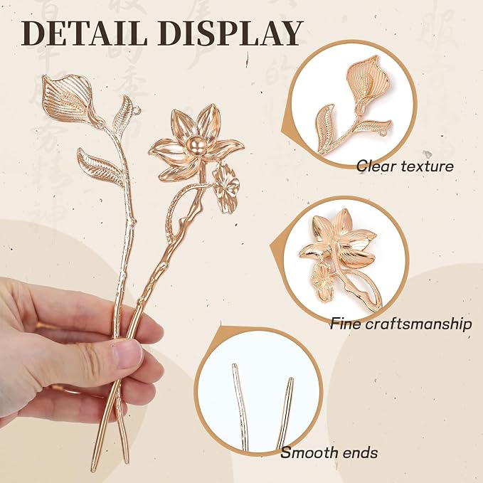 Lawie 10 Pack Gold Hair Sticks Flower Leaf Decorative Metal Long Hair Pins Bun Holders Chopsticks for Hair Chinese Hanfu Costume Retro Vintage Fancy Headpieces Accessories for Women Girls
