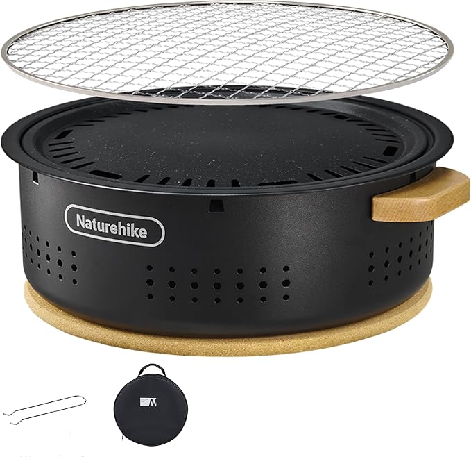 Naturehike Charcoal Barbecue Grill with Heat Proof Mat, 11.8 inches Portable Grill Kit for Outdoor Cooking, Small Non-Stick Korean/Japanese BBQ Charcoal Stove for Camping, Beach, Picnics, Backyard
