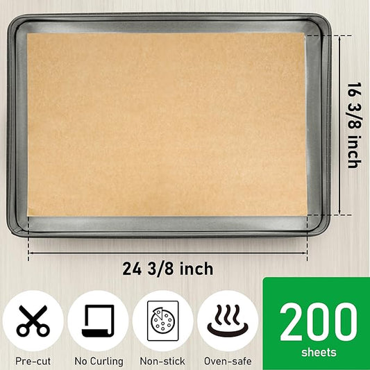EcoDispose Non-Stick Precut Parchment Paper Baking Sheets Full Pan liner for Bake (16-3/8" x 24-3/8",Unbleached,200PCS)