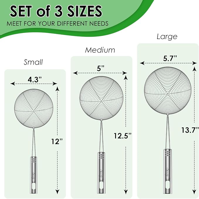 Swify Spider Strainer Set of 3 Asian Strainer Ladle Stainless Steel Wire Skimmer Spoon with Handle for Kitchen Frying Food, Pasta, Spaghetti, Noodle-4.3", 5", 5.7"