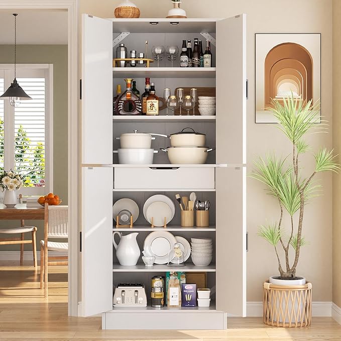 Unikito Kitchen Pantry Storage Cabinet with Farmhouse Barn Doors and Storage Drawer, 4 Adjustable Shelves, Freestanding Tall 71‘’ H Cupboard for Dining Room, Living Room, Utility Room, White