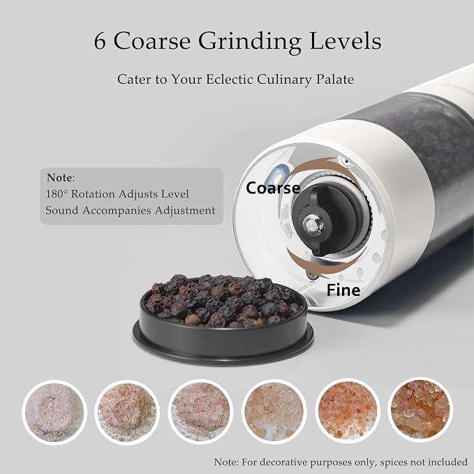 Electric Salt and Pepper Grinder Set, USB Rechargeable, Automatic Salt and Pepper Mill Grinder with Adjustable Coarseness, Electric Salt Shakers, LED Light, Refillable (2 Packs, White)