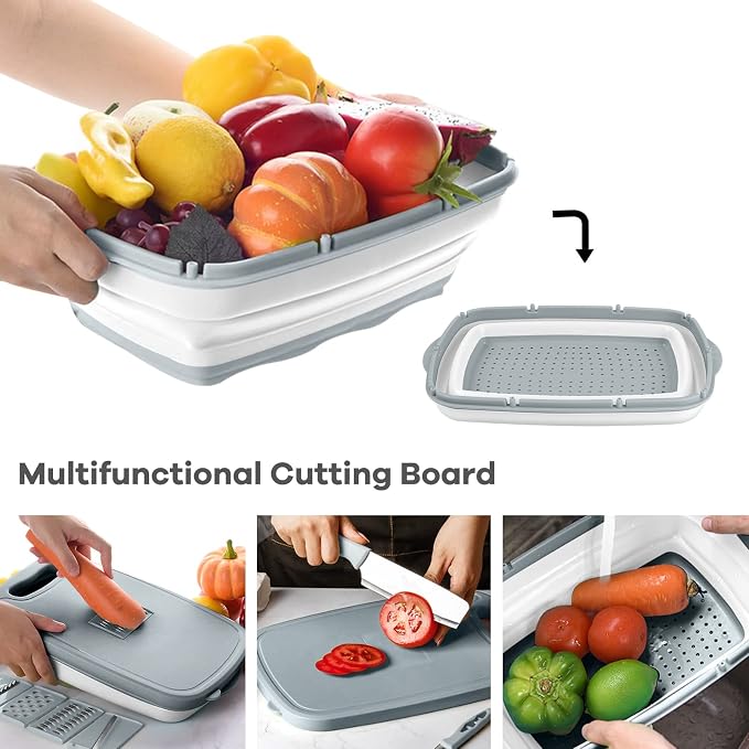 Gintan Camping Cutting Board, 9-in-1 Collapsible Chopping Board with Colander, Outdoor-Kitchen Vegetable Washing Basket for Campers, Camping Gifts Camping Accessories for RV Campers (Gray)