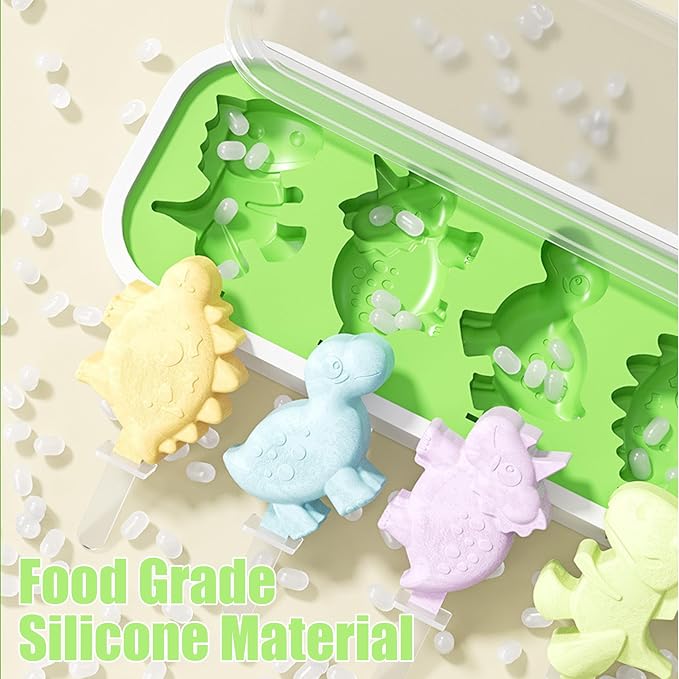 Dinosaur Popsicles Mold,4 Cavity Silicone Popsicle Molds with 4 Reusable Sticks,Food Grade Silicone Ice Cream Mold Cartoon Animal Ice Pop Maker with Cover for Kids Toddlers Homemade Popsicle