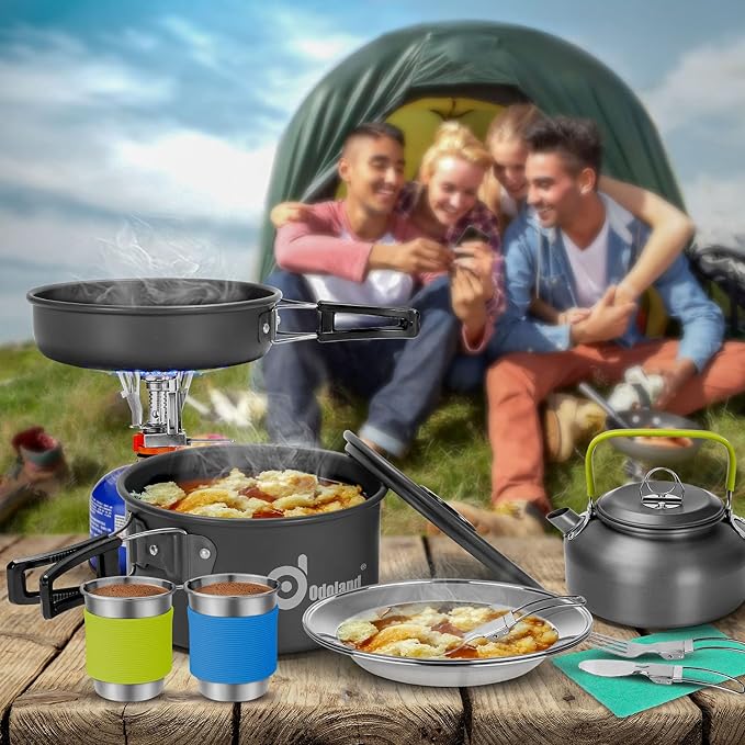 Odoland 15pcs Camping Cookware Mess Kit, 1.9L Pot, for Camping, Backpacking | Anodized aluminum, for hiking, outdoor cooking and picnic, 1.9L pot 0.8L kettle 0.86L pan mess kit, little compact pot set