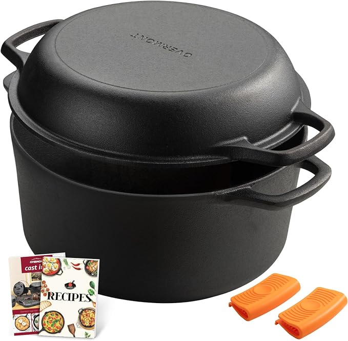 Overmont 7QT Double Dutch Oven - 2-in-1 Pre-Seasoned Cast Iron Pot & Recipe | Skillet Lid Doubles as Frying Pan, Heavy Duty Cast Iron Pot with Handle Covers, for Sourdough Baking Frying Outdoor Camping