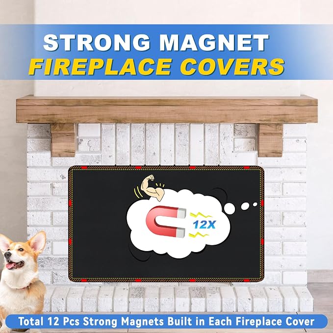 Magnetic Fireplace Cover, Fireplace Draft Stopper with 12 Pieces Strong Magnets, Fireplace Blanket for Heat Loss, Air Blocker for Winter and Summer, 38"x26", Black