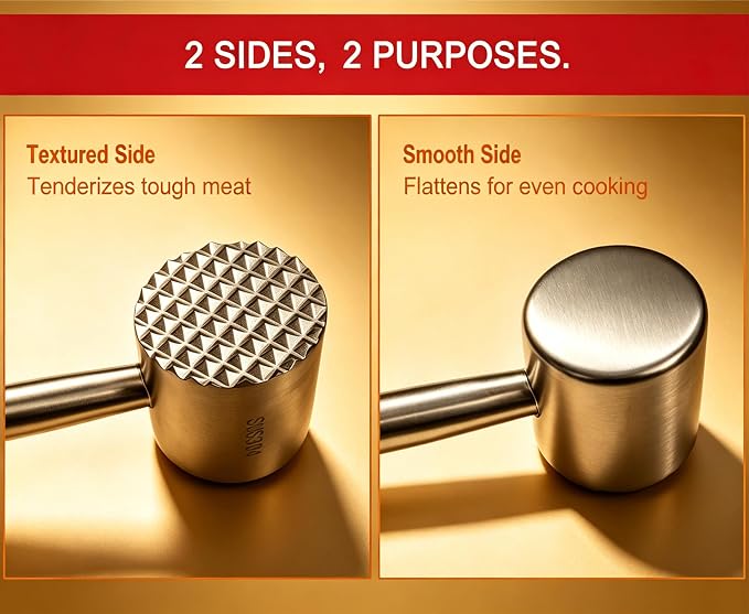 304 Stainless Steel Meat Tenderizer Mallet, Dual-Sided Meat Hammer for Steak & Chicken | meat tenderizer mallet with dual-sided design for tenderizing and flattening steak, chicken, pork. Dishwasher safe