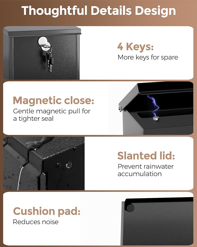 LAND·VOI Locking Wall-Mount Mailbox for Outside, with 4 Keys, Galvanized Steel Rustproof Metal Postbox, 3.1" Dx7.5 Wx10.8 H, Includes 3 Sets of Mailbox Numbers, Nameplate, Black, AMB32B