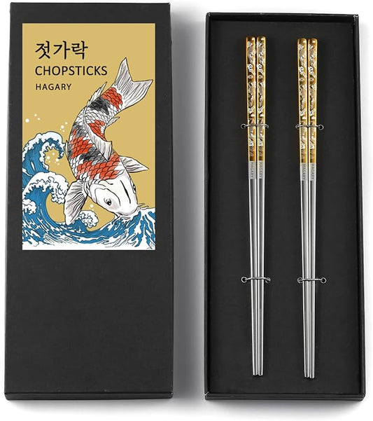 Carp Gold Reusable Chopsticks Square Metal Stainless Steel 316 18/10 Non-Slip Dishwasher Safe Designed In Korea Japanese Style (Gold - 2 Pairs)
