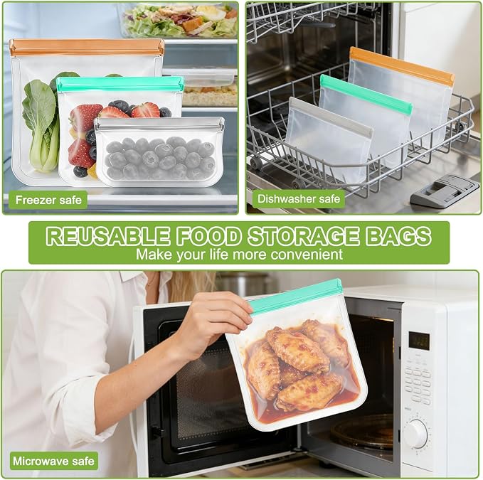 12 Pack Silicone Bags for Food Storage,Freezer,Microwave & Dishwasher Safe,Leakproof Food Storage Bags,Reusable Freezer Ziploc Bags,Sandwich Snack Baggies-4 Gallon 4 Snack 4 Sandwich Bags,3 Colors