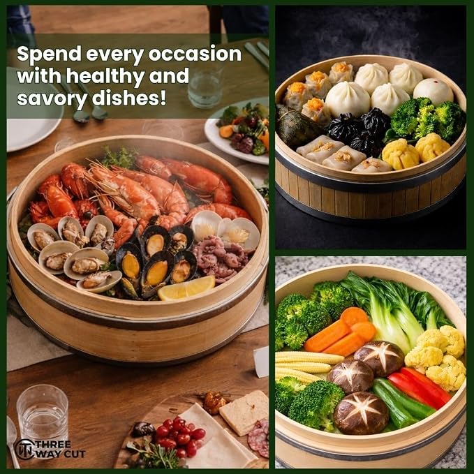 Bamboo Steamer Basket 10 Inch - Dumpling Steamer Basket 2 Tier with Steel Rims, Handles, Lid & Accessories, Bamboo Steamers For Cooking Steam Bao Bun Dim Sum Potsticker Veg, 10" Food Steaming Baskets