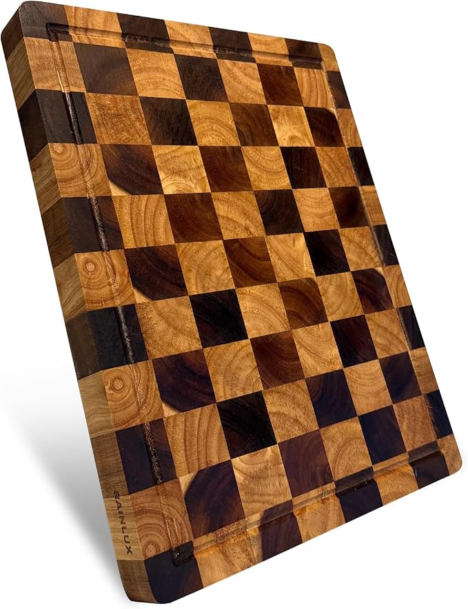 Acacia Wood Cutting Boards for Kitchen, Checkered Chopping Board with Juice Grooves & Handles, Large Butcher Block Serving Tray with Non‑Slip Feet, 14" × 11" × 1.5"