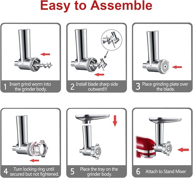 GVODE Metal Meat Grinder Attachment for KitchenAid Stand Mixer,Food Grinder | Meat Grinder for Kitchen Aid Includes 4 Grinding Plates, 3 Sausage Stuffer Tubes, 2 Grinding Blades
